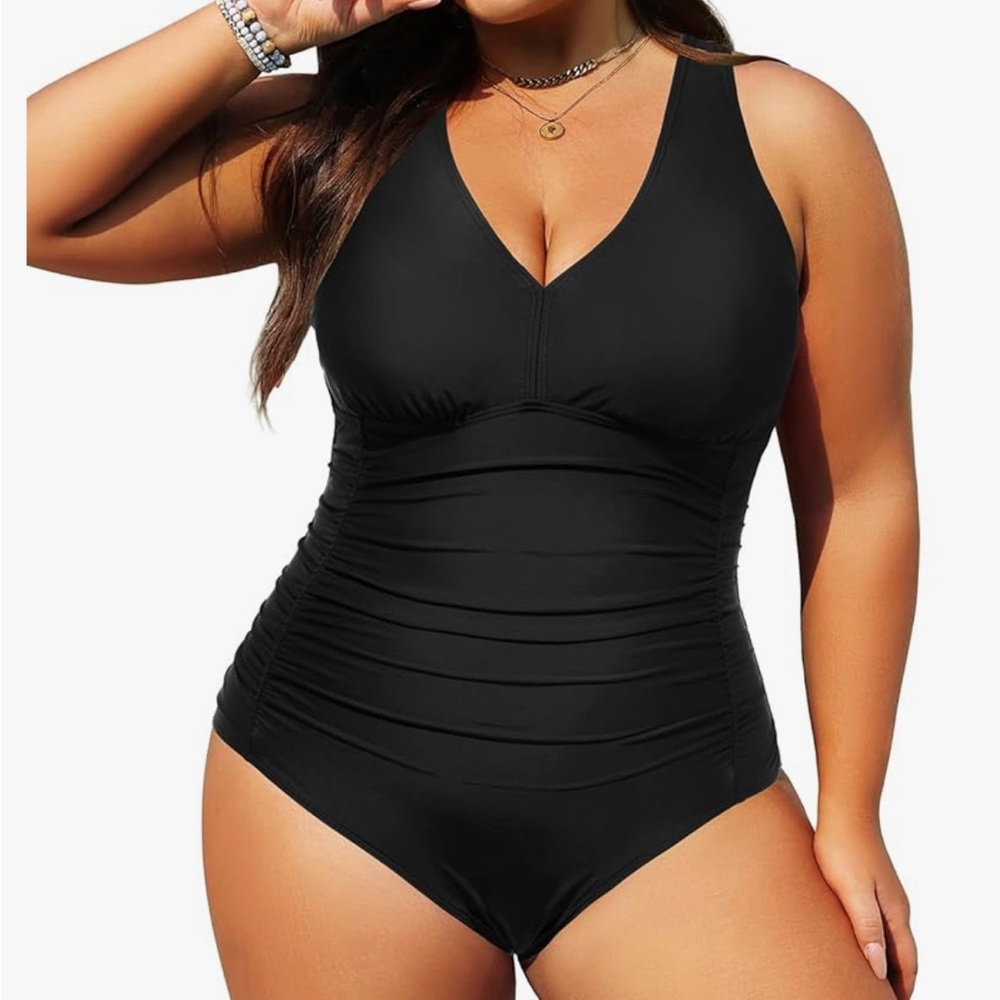 Aqua Eve Women Plus Size One Piece Swimsuits V Neck Tummy Control Large